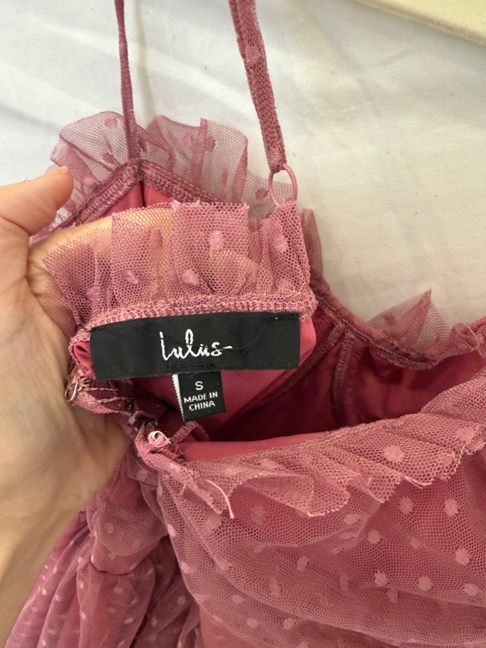 Lulu’s Sweetheart Style Mauve Polka Dot Bustier Tiered Midi Dress sz small - Picture 10 of 10